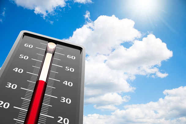 Thermometer indicates high temperature on the blue sky, three-dimensional rendering